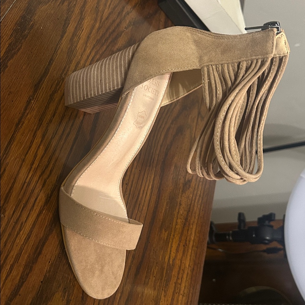 Tan Suede Fringe Block Heel Sandals